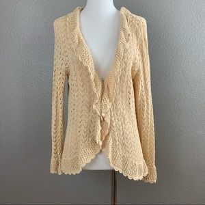 Pointelle cream crochet lace ruffle front cardigan